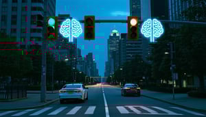 City street with AI-enhanced traffic lights showing Edge AI in action.