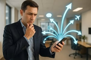 Businessman in an office looking at his smartphone, surrounded by digital icons representing mobile connectivity.