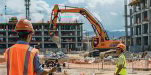 Worker operating a drone at a construction site with an excavator in the background
