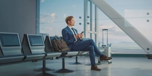 Businessman sits in airport terminal using smartphone, with briefcase and suitcase nearby.