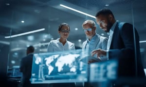 Team discussing business connectivity plans in front of a world map display.
