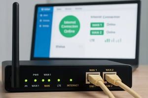 Dual-WAN router with SIM slots and internet dashboard for failover setup.