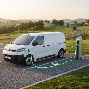 Electric fleet van connected to a charging station