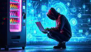 Hacker crouching with a laptop next to a vending machine, surrounded by glowing digital security icons.