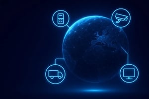 Glowing globe with IoT device icons for POS, truck, camera, and digital signage.