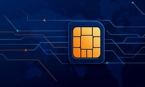 IoT SIM and eSIM chip with digital network lines for global device connectivity.