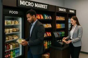 A man and a woman in an office micro market using a connected self-checkout kiosk.