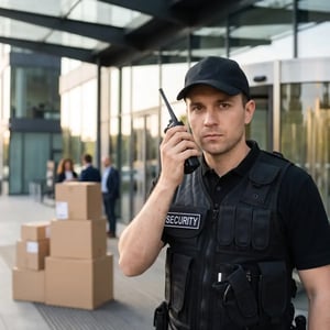 Mobile security officer outside a commercial building