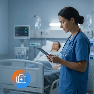 Nurse using a tablet in a hospital room