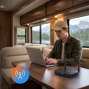 Person working on a laptop inside an RV