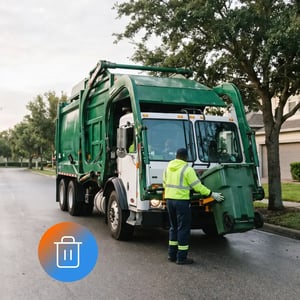 Waste collection worker beside a garbage truck