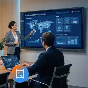 Team reviewing connectivity data on a digital display