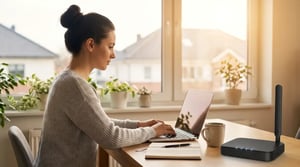 Woman working from home with a 5G/LTE internet router