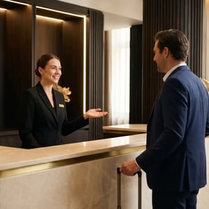 Hotel front desk assisting a guest