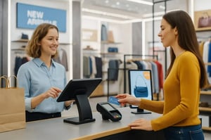 A woman at a retail store checkout paying by card at a POS terminal.