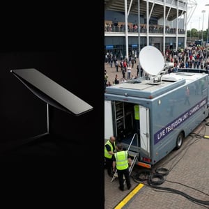 Live broadcast truck with satellite dish at event location