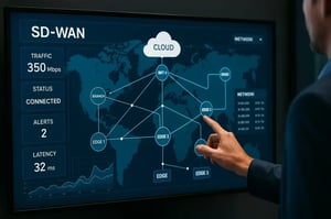 A man pointing at SD-WAN network topology map on a touchscreen with traffic and latency metrics.