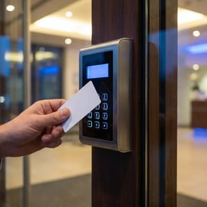 Access control card reader at building entrance