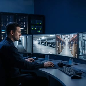 Security operator monitoring surveillance cameras