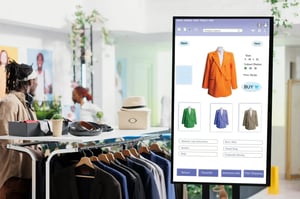 Smart retail kiosk displaying blazer options next to a clothing rack in a modern store.