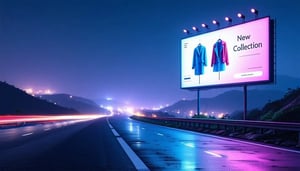 Digital billboard glowing at night on a highway.