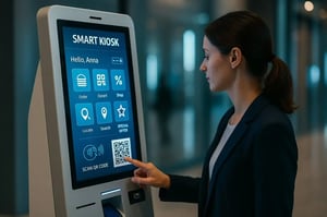 Woman using a smart self-service kiosk with a personalized digital interface.