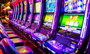 Row of colorful slot machines in a brightly lit casino.