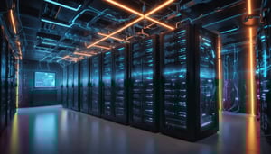 Server room with glowing racks representing static IP connectivity for IoT devices.