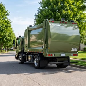 Waste collection truck operating on a residential route.